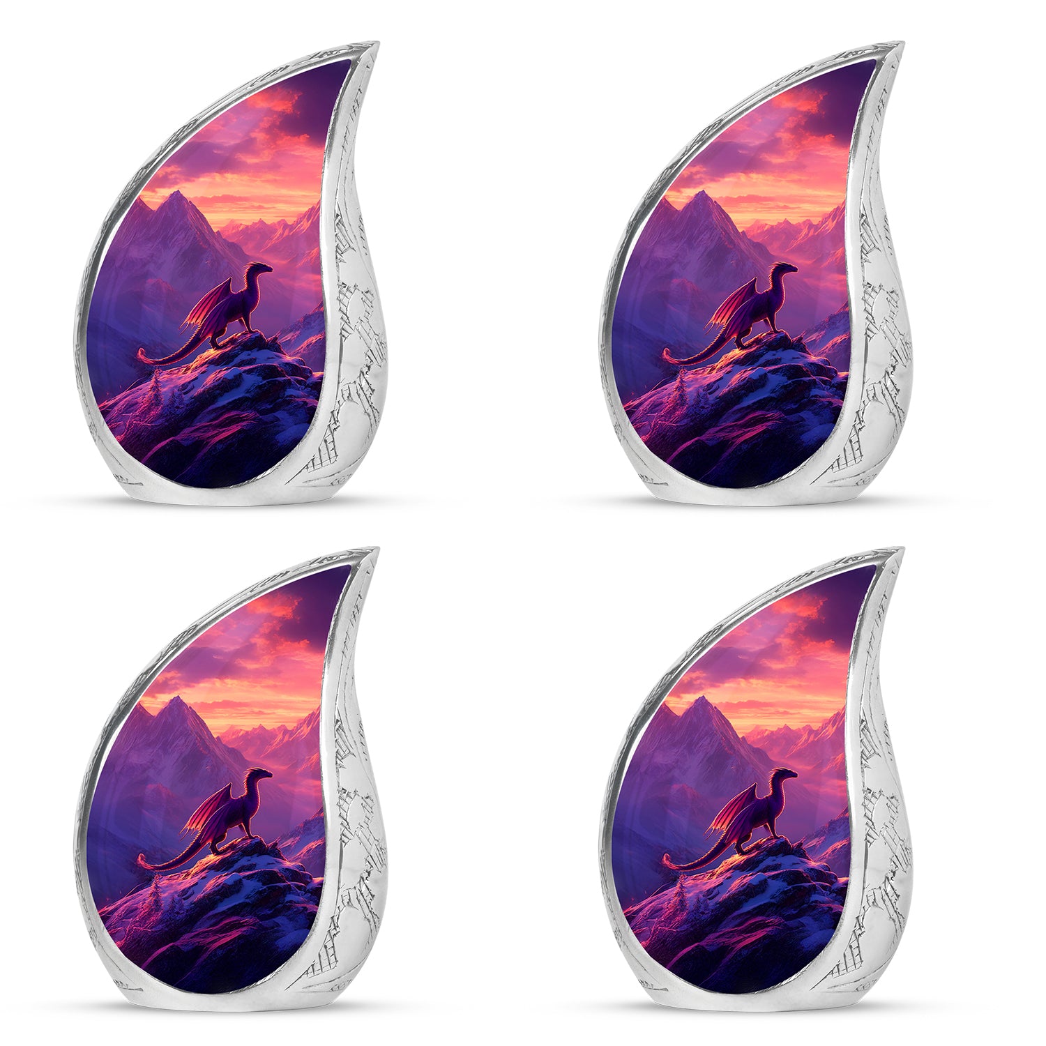 Deep Purple Dragon Cremation Urn close-up of engraving and surface detail - flowing teardrop dragon silhouette on curved aluminum - 10 inch aluminum urn for cremated remains