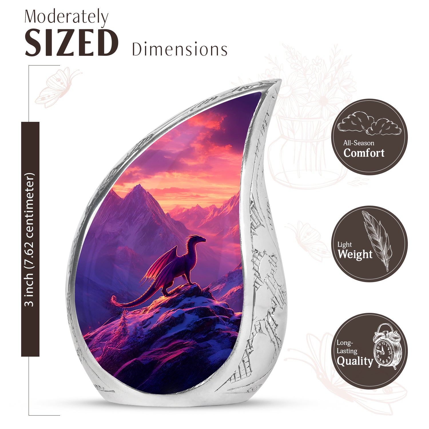 Plum Purple Dragon Cremation Urn angled view of lid and engraved motif - flowing teardrop dragon silhouette on curved aluminum - mini keepsake memorial for portion of cremation ashes