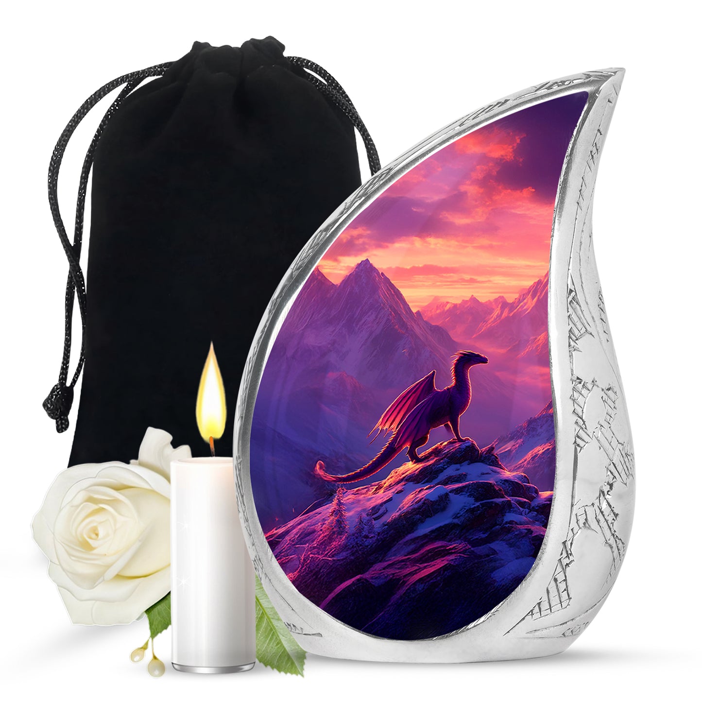 Amethyst Purple Dragon Cremation Urn front view showing detailed design - flowing teardrop dragon silhouette on curved aluminum - full-size 10 inch 200 cubic inch adult cremation urn