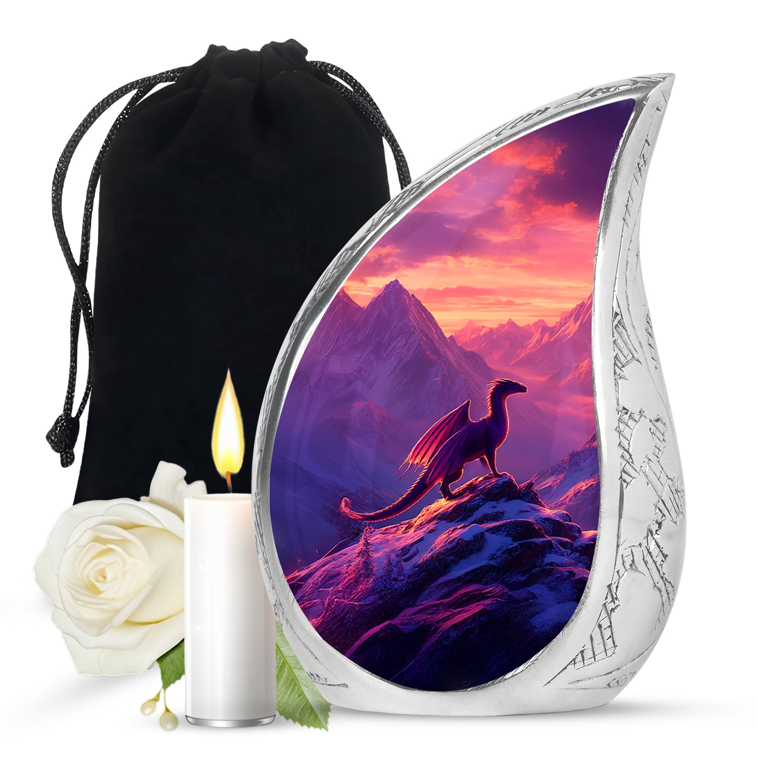 Amethyst Purple Dragon Cremation Urn front view showing detailed design - flowing teardrop dragon silhouette on curved aluminum - full-size 10 inch 200 cubic inch adult cremation urn