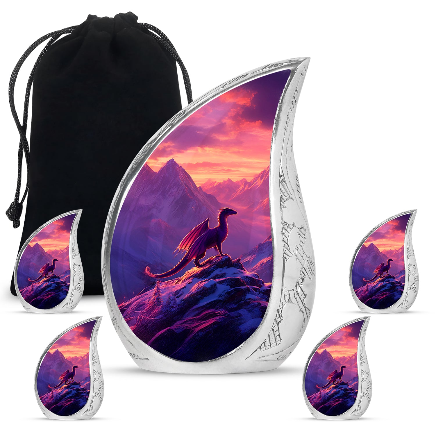 Grape Purple Dragon Cremation Urn side profile showing urn shape - smooth teardrop contour featuring dragon art - memorial set with one large and four small urns