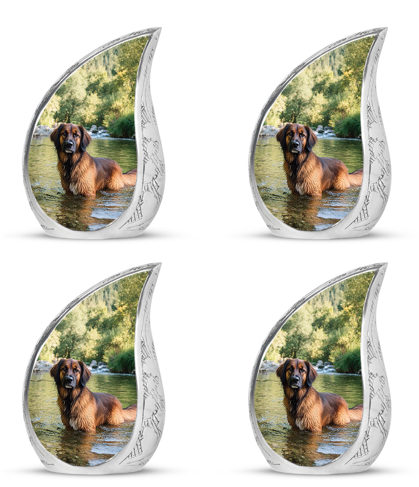 Forest Green Dog Cremation Urn close-up of engraving and surface detail - smooth teardrop contour featuring dog art - 10 inch aluminum urn for cremated remains
