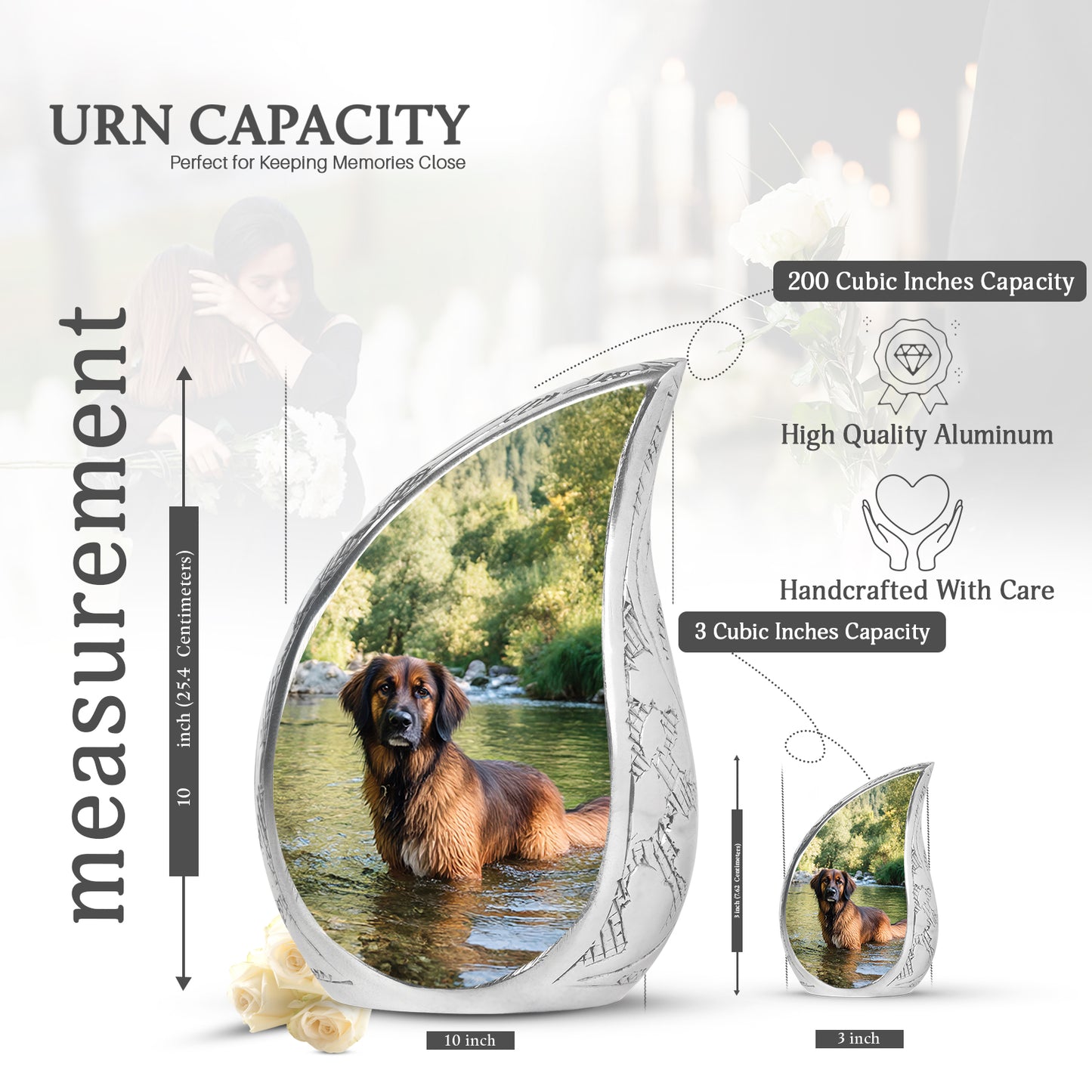 Pine Green Dog Cremation Urn angled view of lid and engraved motif - graceful tear-shaped urn with dog motif - mini keepsake memorial for portion of cremation ashes