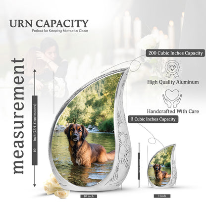 Pine Green Dog Cremation Urn angled view of lid and engraved motif - graceful tear-shaped urn with dog motif - mini keepsake memorial for portion of cremation ashes