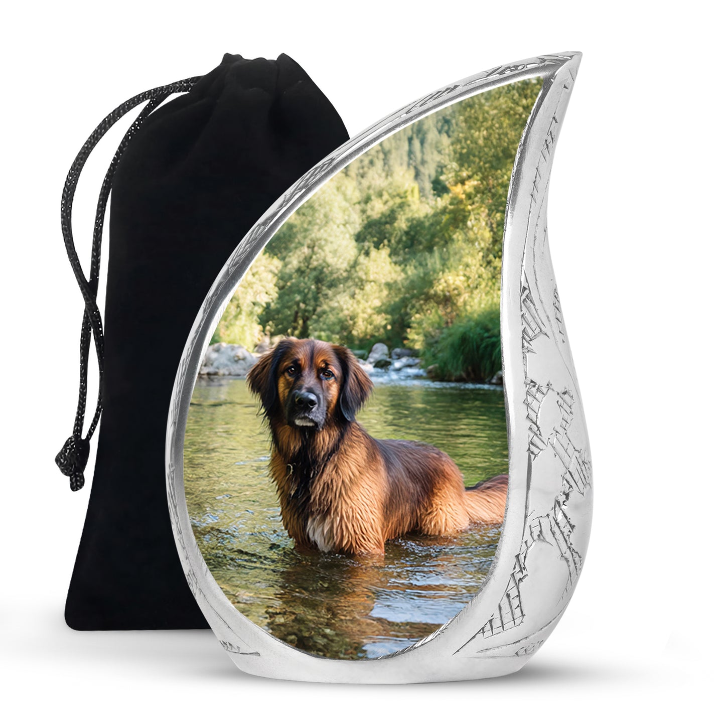 Hunter Green Dog Cremation Urn front view showing detailed design - smooth teardrop contour featuring dog art - full-size 10 inch 200 cubic inch adult cremation urn