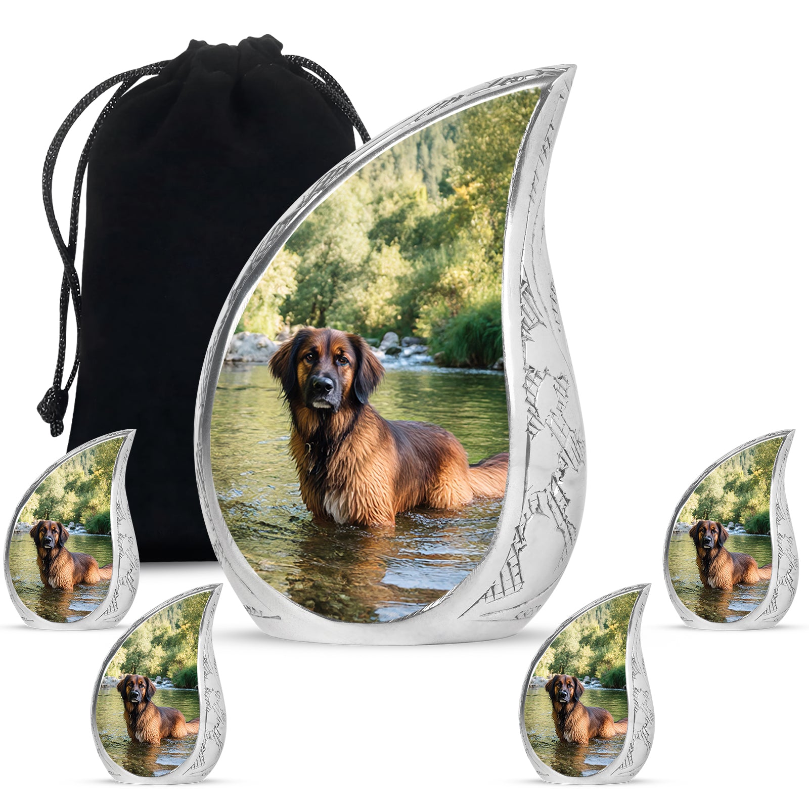 Olive Green Dog Cremation Urn side profile showing urn shape - smooth teardrop contour featuring dog art - memorial set with one large and four small urns