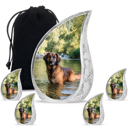 Olive Green Dog Cremation Urn side profile showing urn shape - smooth teardrop contour featuring dog art - memorial set with one large and four small urns