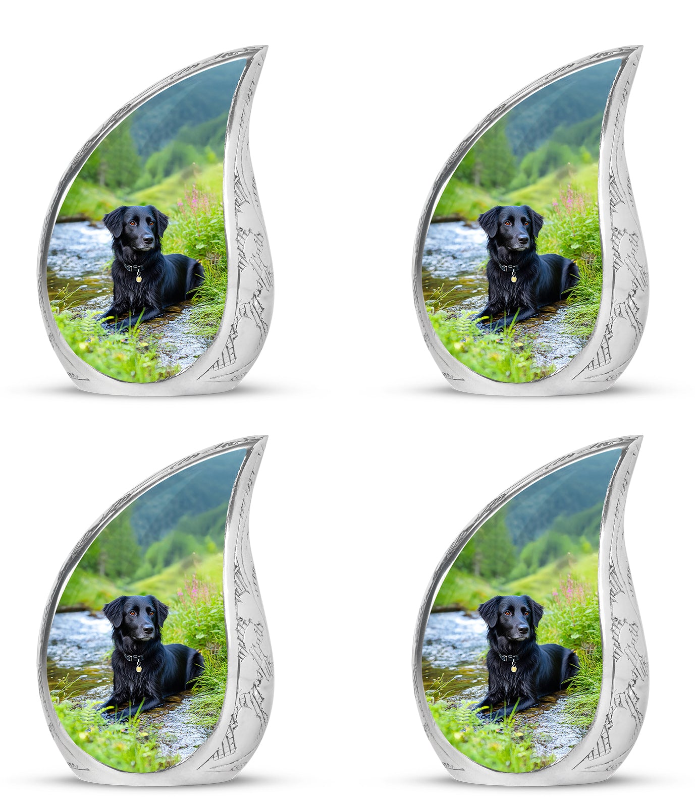 Deep Teal Dog Cremation Urn close-up of engraving and surface detail - smooth teardrop contour featuring dog art - 10 inch aluminum urn for cremated remains