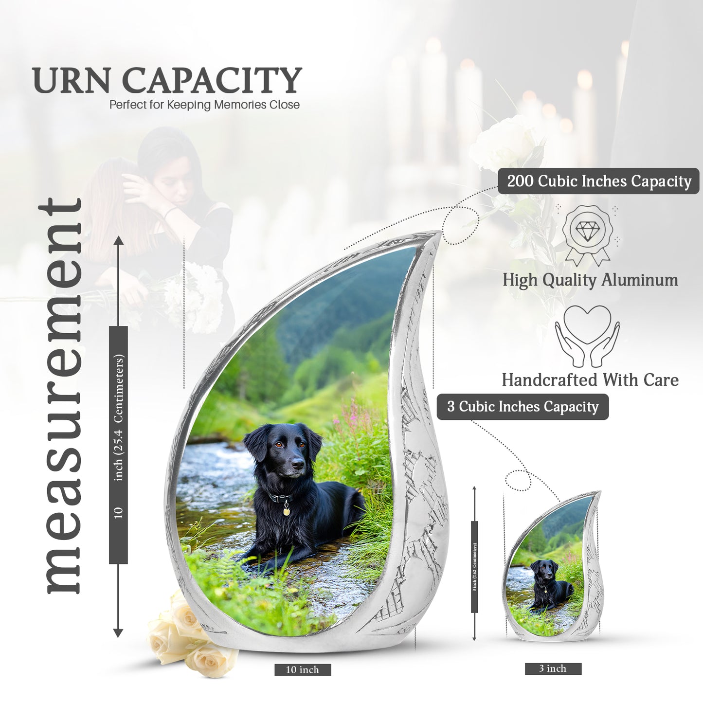Jewel Teal Dog Cremation Urn angled view of lid and engraved motif - flowing teardrop dog silhouette on curved aluminum - mini keepsake memorial for portion of cremation ashes