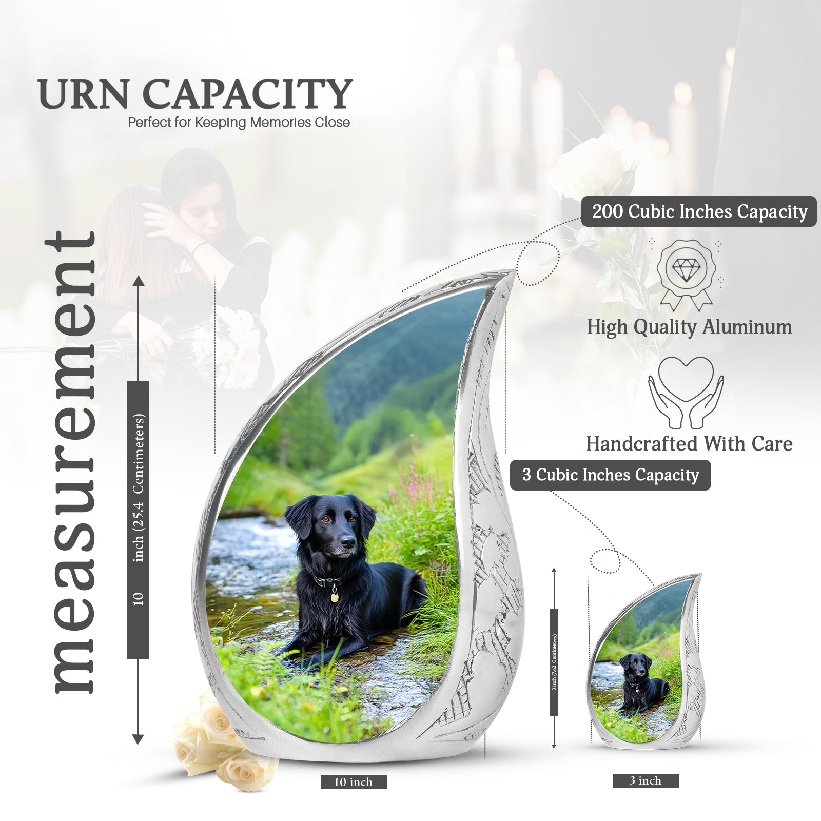 Jewel Teal Dog Cremation Urn angled view of lid and engraved motif - flowing teardrop dog silhouette on curved aluminum - mini keepsake memorial for portion of cremation ashes