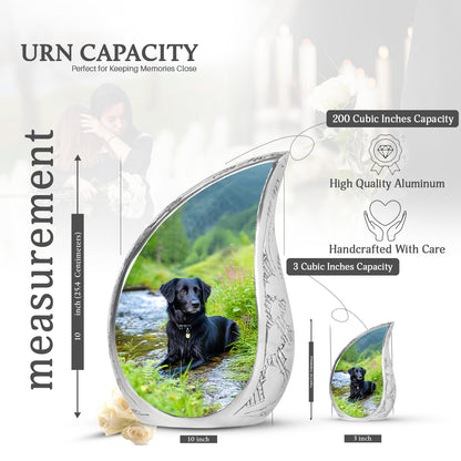 Jewel Teal Dog Cremation Urn angled view of lid and engraved motif - flowing teardrop dog silhouette on curved aluminum - mini keepsake memorial for portion of cremation ashes