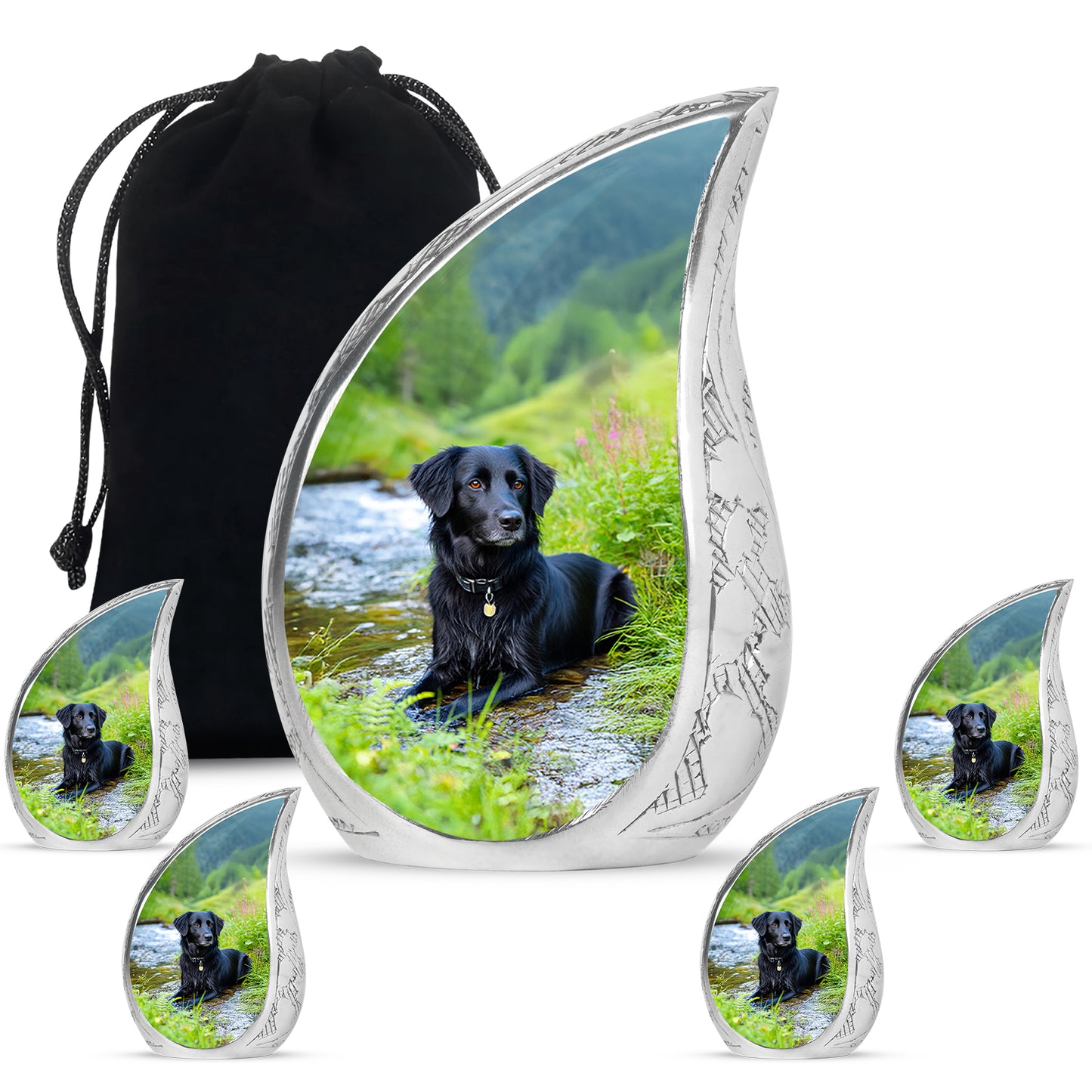 Vivid Teal Dog Cremation Urn side profile showing urn shape - graceful tear-shaped urn with dog motif - memorial set with one large and four small urns