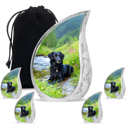 Vivid Teal Dog Cremation Urn side profile showing urn shape - graceful tear-shaped urn with dog motif - memorial set with one large and four small urns