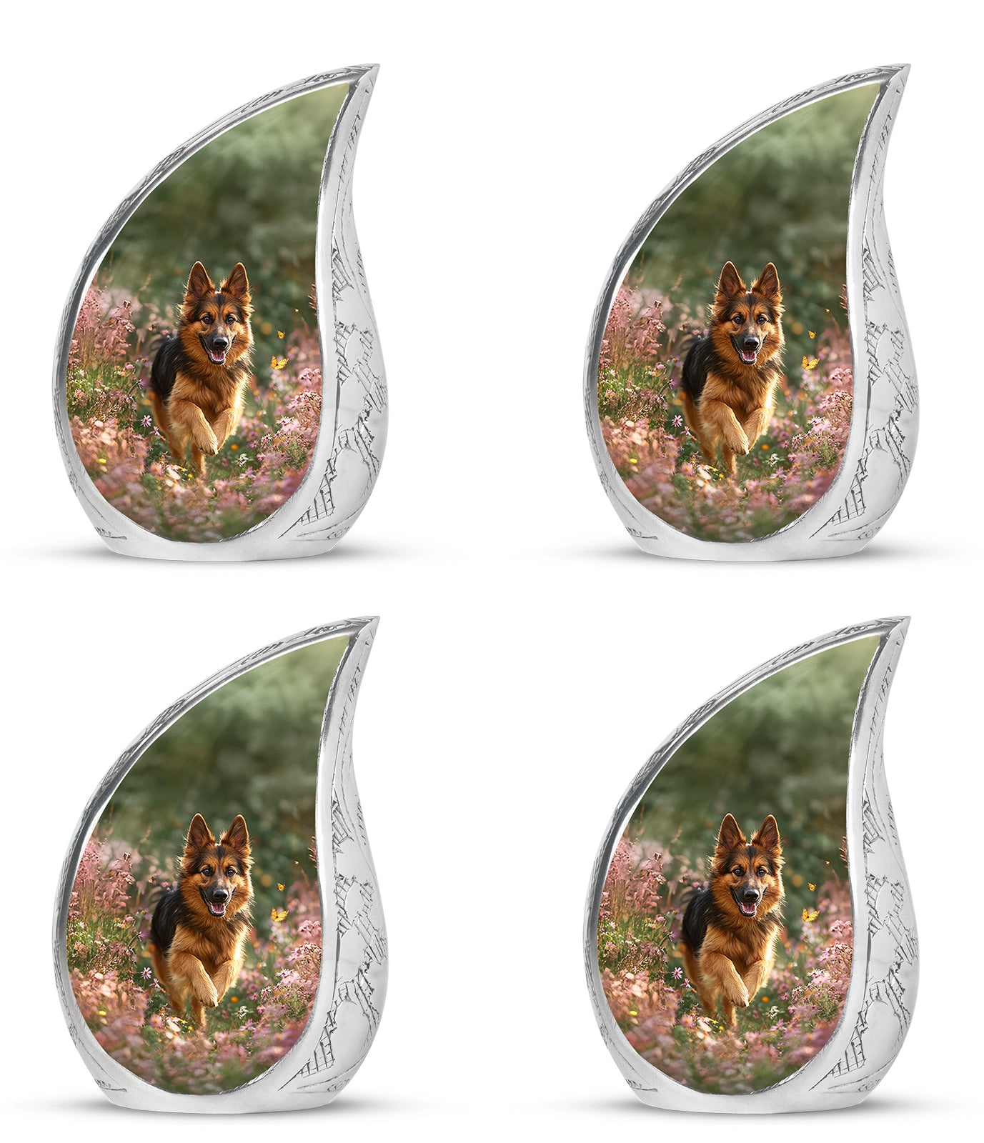 Honey Yellow Dog Cremation Urn close-up of engraving and surface detail - smooth teardrop contour featuring dog art - 10 inch aluminum urn for cremated remains
