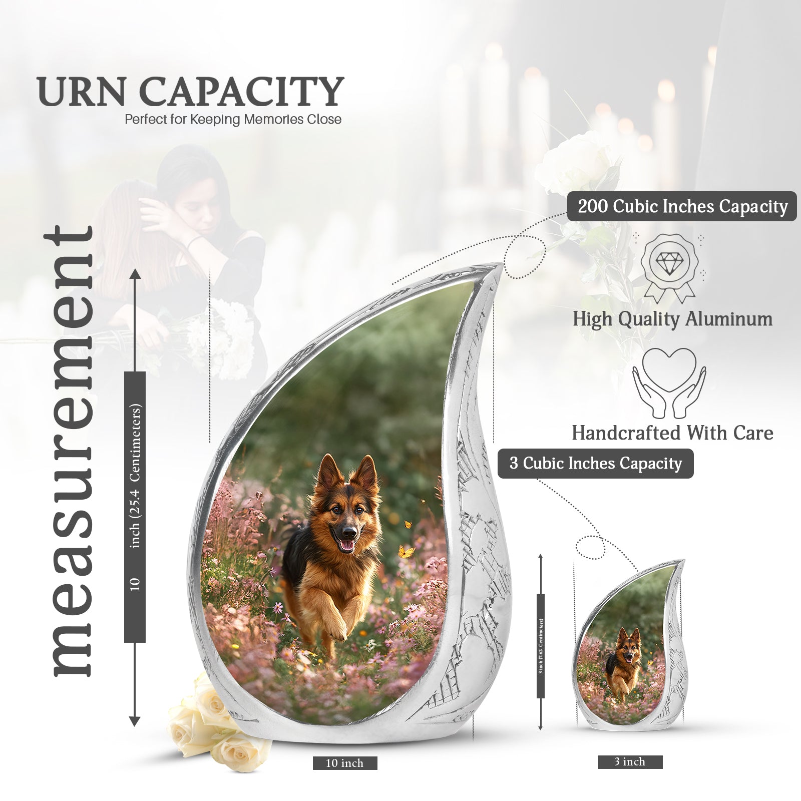 Marigold Yellow Dog Cremation Urn angled view of lid and engraved motif - smooth teardrop contour featuring dog art - mini keepsake memorial for portion of cremation ashes