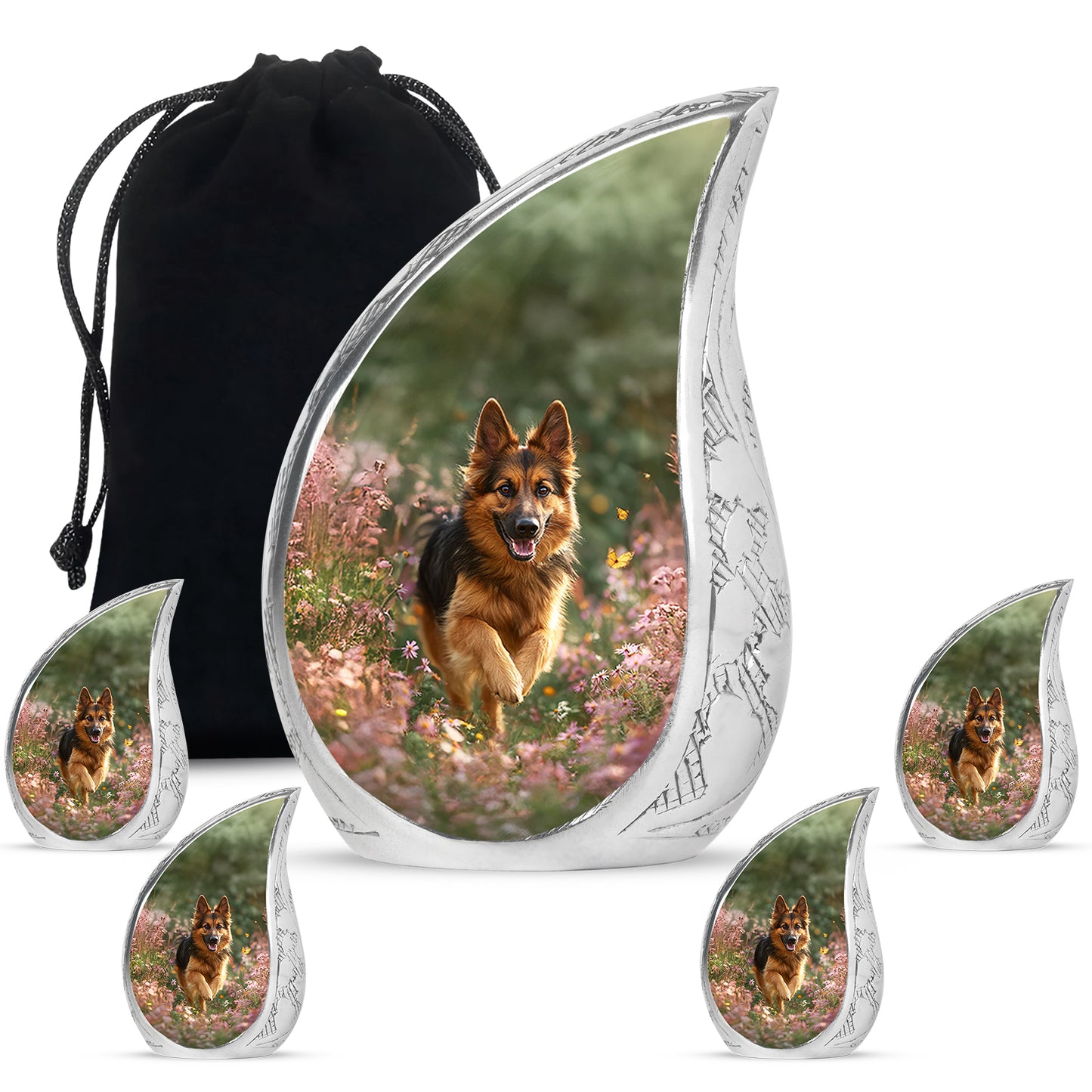 Amber Yellow Dog Cremation Urn side profile showing urn shape - flowing teardrop dog silhouette on curved aluminum - memorial set with one large and four small urns
