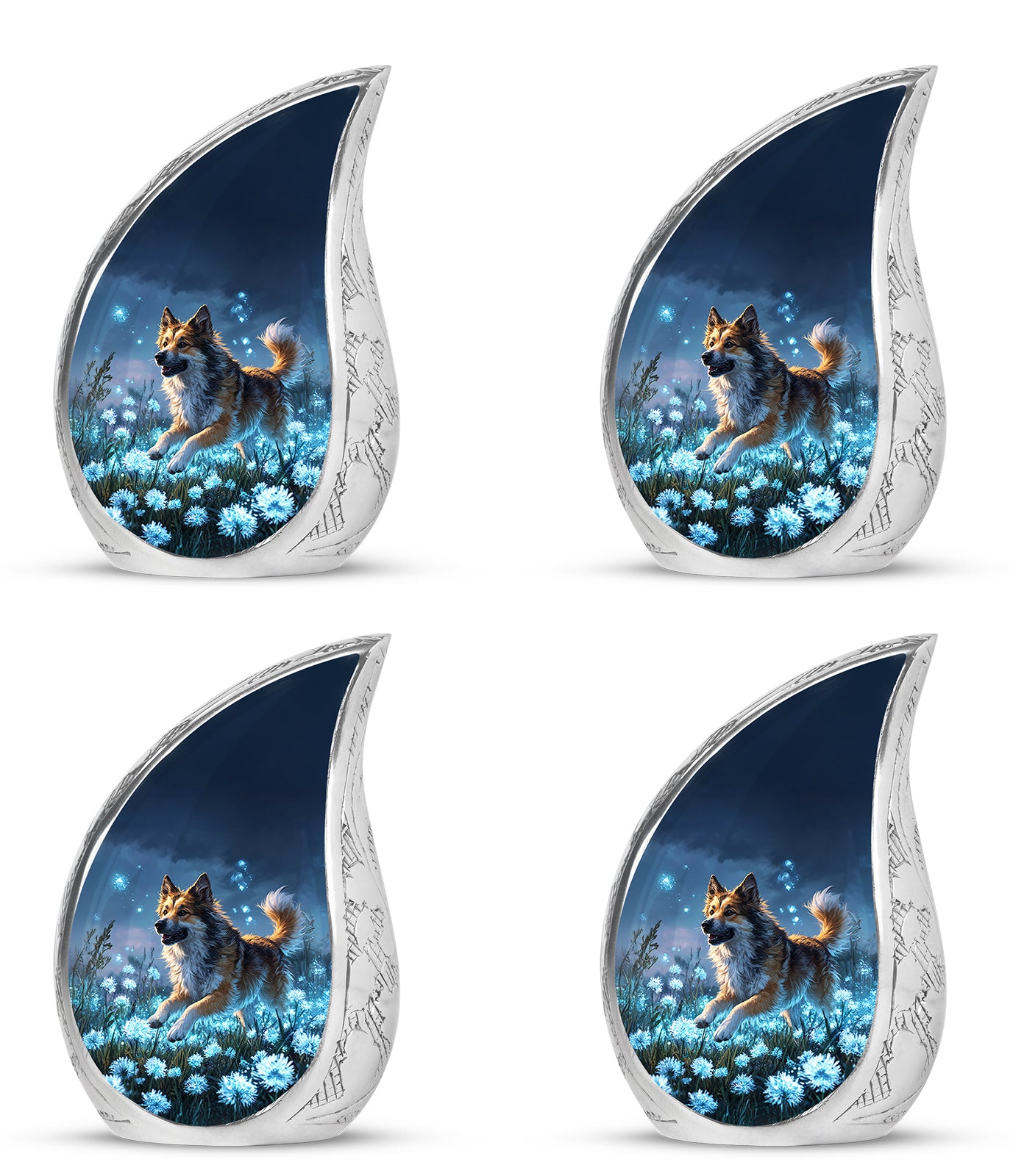 Soft Blue Dog Cremation Urn close-up of engraving and surface detail - graceful tear-shaped urn with dog motif - 10 inch aluminum urn for cremated remains