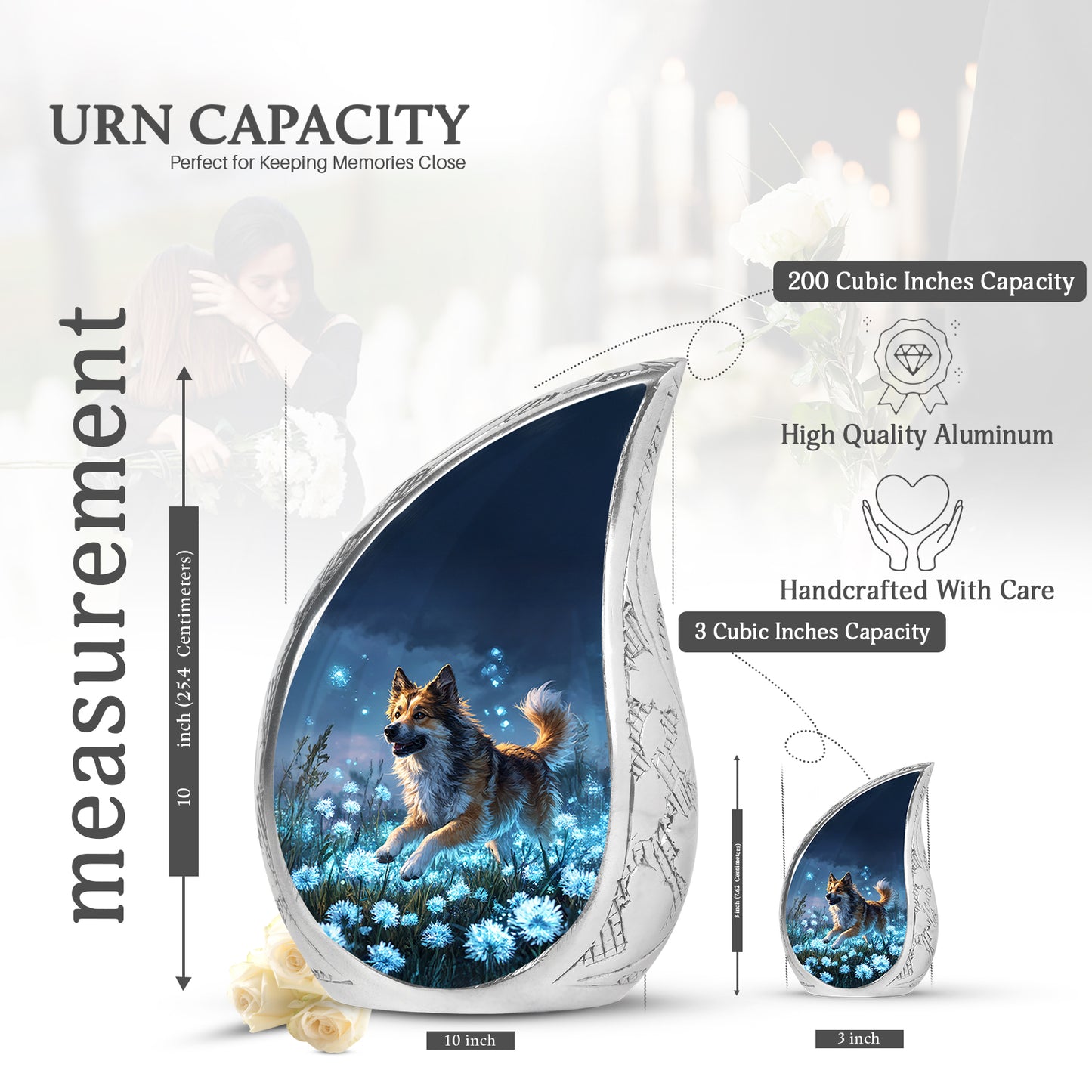Sky Blue Dog Cremation Urn angled view of lid and engraved motif - flowing teardrop dog silhouette on curved aluminum - mini keepsake memorial for portion of cremation ashes