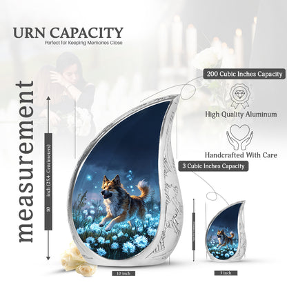 Sky Blue Dog Cremation Urn angled view of lid and engraved motif - flowing teardrop dog silhouette on curved aluminum - mini keepsake memorial for portion of cremation ashes
