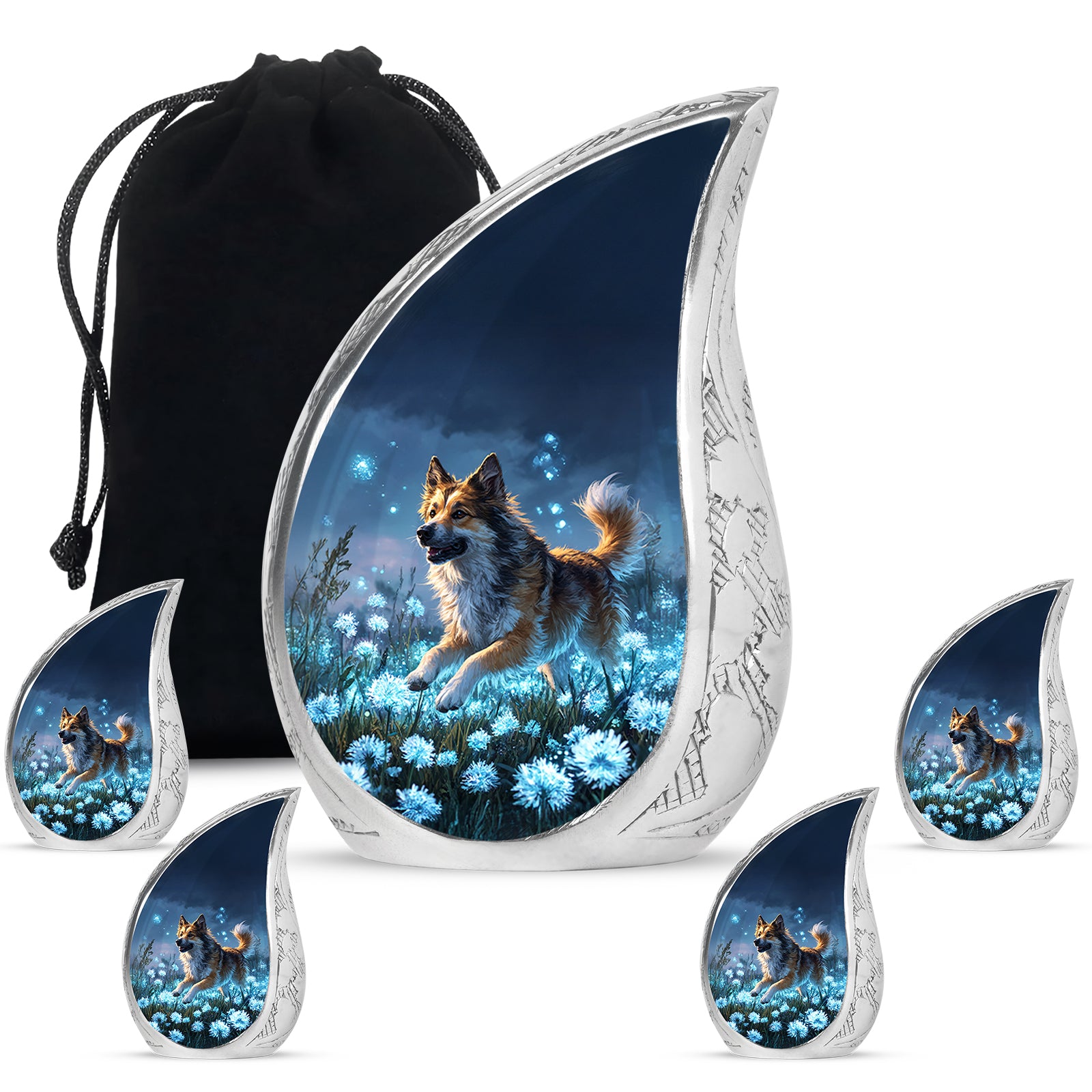 Sky Blue Dog Cremation Urn side profile showing urn shape - rounded teardrop dog design with delicate detail - memorial set with one large and four small urns