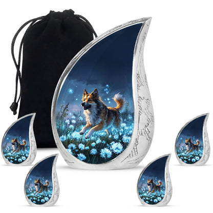 Sky Blue Dog Cremation Urn side profile showing urn shape - rounded teardrop dog design with delicate detail - memorial set with one large and four small urns