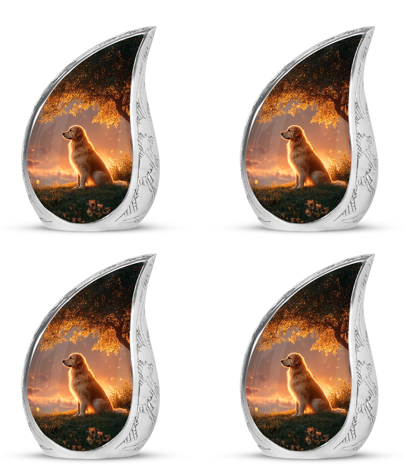 Ebony Dog Cremation Urn close-up of engraving and surface detail - rounded teardrop dog design with delicate detail - 10 inch aluminum urn for cremated remains
