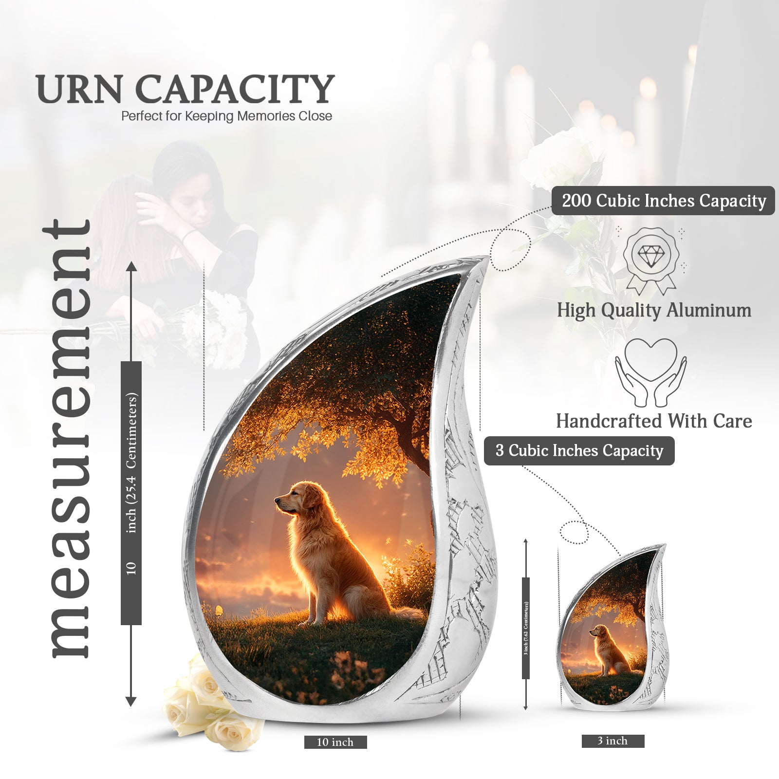Charcoal Black Dog Cremation Urn angled view of lid and engraved motif - smooth teardrop contour featuring dog art - mini keepsake memorial for portion of cremation ashes