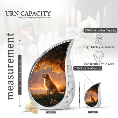 Charcoal Black Dog Cremation Urn angled view of lid and engraved motif - smooth teardrop contour featuring dog art - mini keepsake memorial for portion of cremation ashes