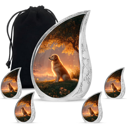 Obsidian Black Dog Cremation Urn side profile showing urn shape - smooth teardrop contour featuring dog art - memorial set with one large and four small urns