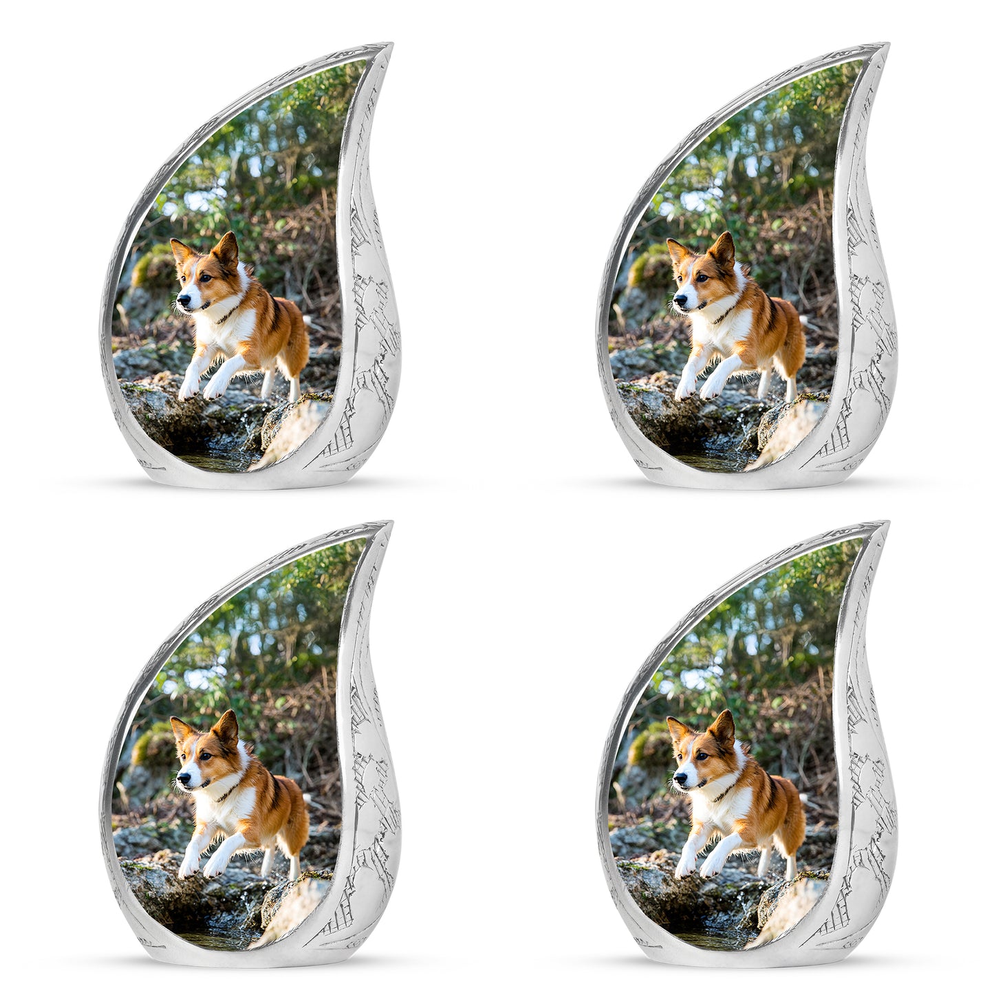 Hunter Green Dog Cremation Urn close-up of engraving and surface detail - graceful tear-shaped urn with dog motif - 10 inch aluminum urn for cremated remains
