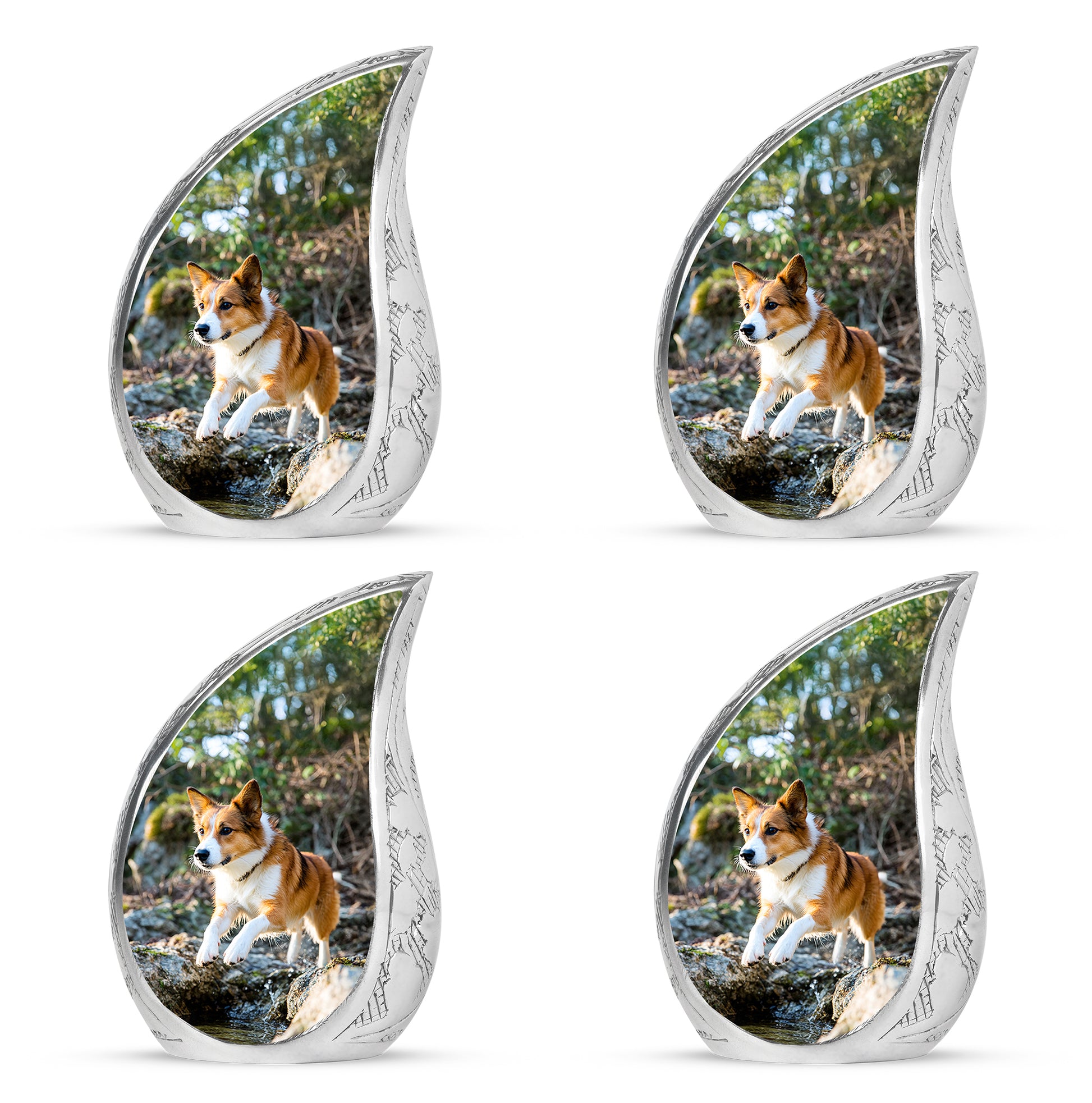 Hunter Green Dog Cremation Urn close-up of engraving and surface detail - graceful tear-shaped urn with dog motif - 10 inch aluminum urn for cremated remains