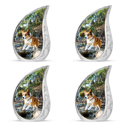 Hunter Green Dog Cremation Urn close-up of engraving and surface detail - graceful tear-shaped urn with dog motif - 10 inch aluminum urn for cremated remains