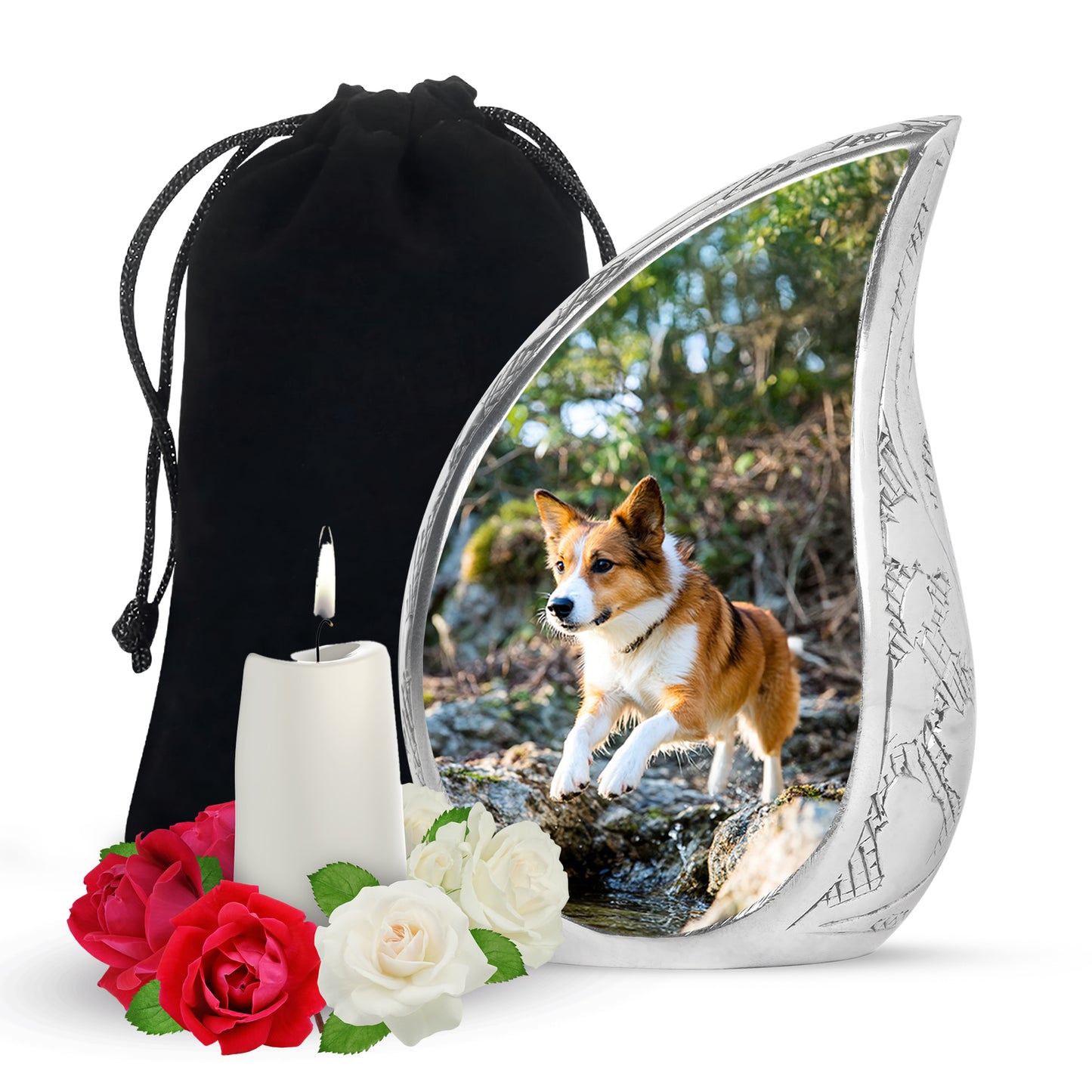 Verdant Green Dog Cremation Urn front view showing detailed design - rounded teardrop dog design with delicate detail - full-size 10 inch 200 cubic inch adult cremation urn