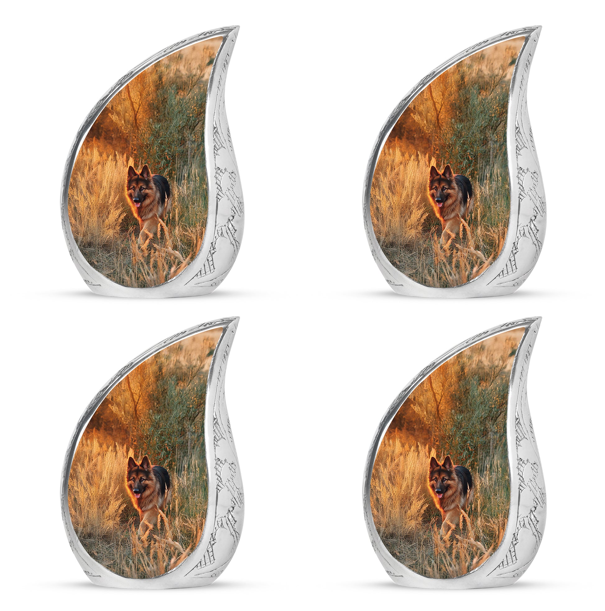 Sunrise Gold Dog Cremation Urn close-up of engraving and surface detail - flowing teardrop dog silhouette on curved aluminum - 10 inch aluminum urn for cremated remains