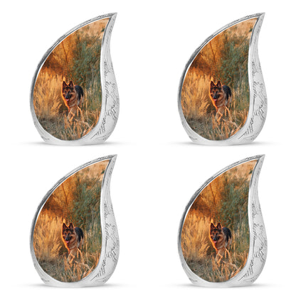 Sunrise Gold Dog Cremation Urn close-up of engraving and surface detail - flowing teardrop dog silhouette on curved aluminum - 10 inch aluminum urn for cremated remains