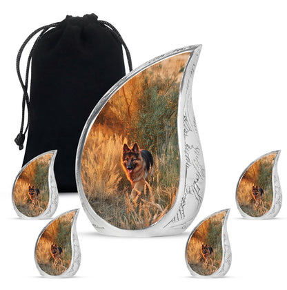 Harvest Gold Dog Cremation Urn side profile showing urn shape - smooth teardrop contour featuring dog art - memorial set with one large and four small urns