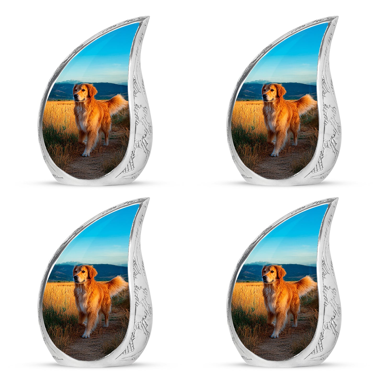 Cool Teal Dog Cremation Urn close-up of engraving and surface detail - rounded teardrop dog design with delicate detail - 10 inch aluminum urn for cremated remains