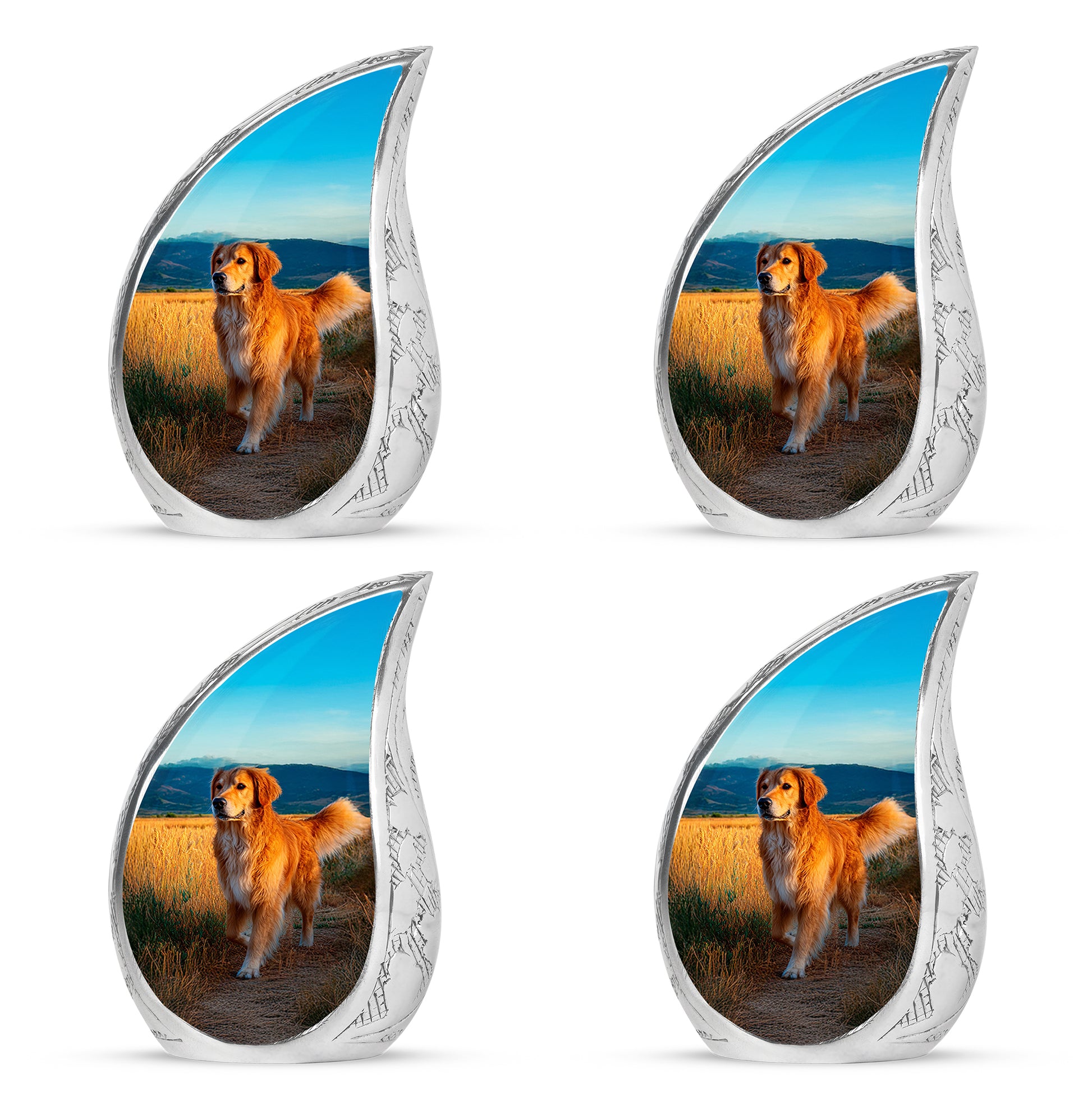 Cool Teal Dog Cremation Urn close-up of engraving and surface detail - rounded teardrop dog design with delicate detail - 10 inch aluminum urn for cremated remains