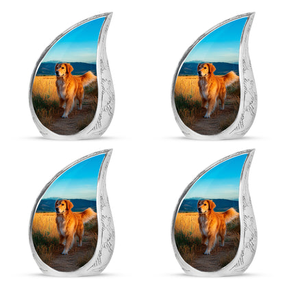 Cool Teal Dog Cremation Urn close-up of engraving and surface detail - rounded teardrop dog design with delicate detail - 10 inch aluminum urn for cremated remains