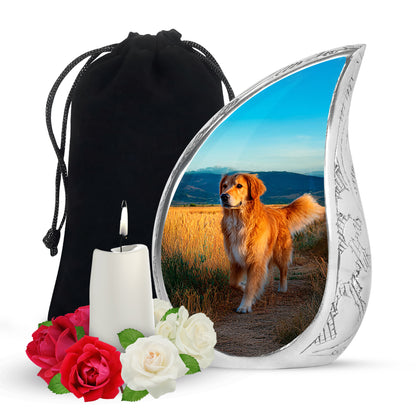 Jewel Teal Dog Cremation Urn front view showing detailed design - flowing teardrop dog silhouette on curved aluminum - full-size 10 inch 200 cubic inch adult cremation urn