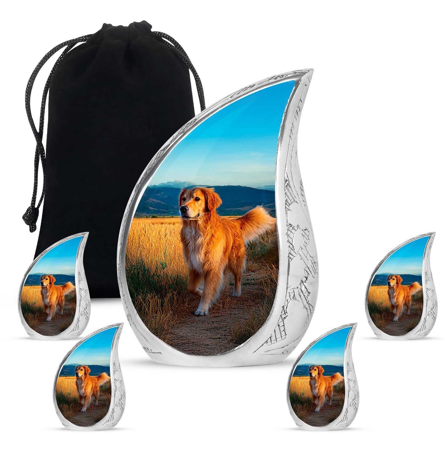 Aqua Teal Dog Cremation Urn side profile showing urn shape - smooth teardrop contour featuring dog art - memorial set with one large and four small urns