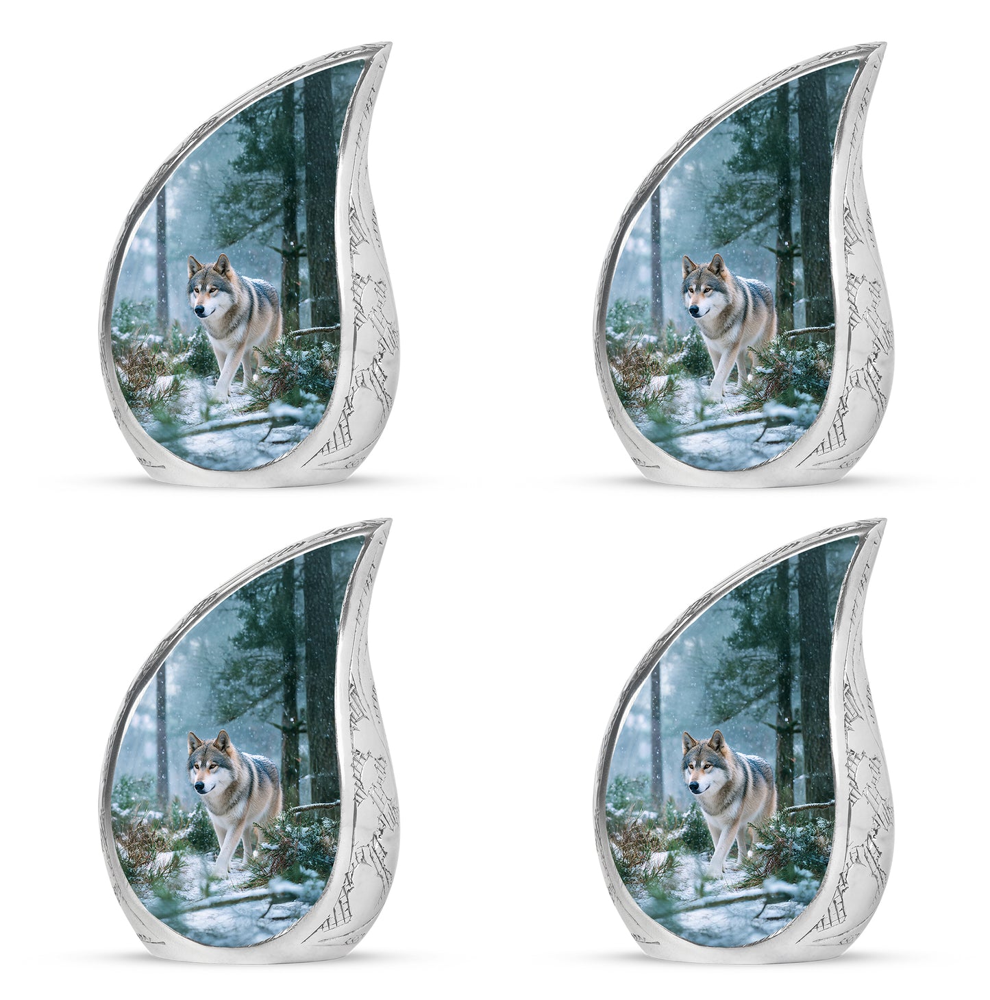 Powder Blue Dog Cremation Urn close-up of engraving and surface detail - rounded teardrop dog design with delicate detail - 10 inch aluminum urn for cremated remains