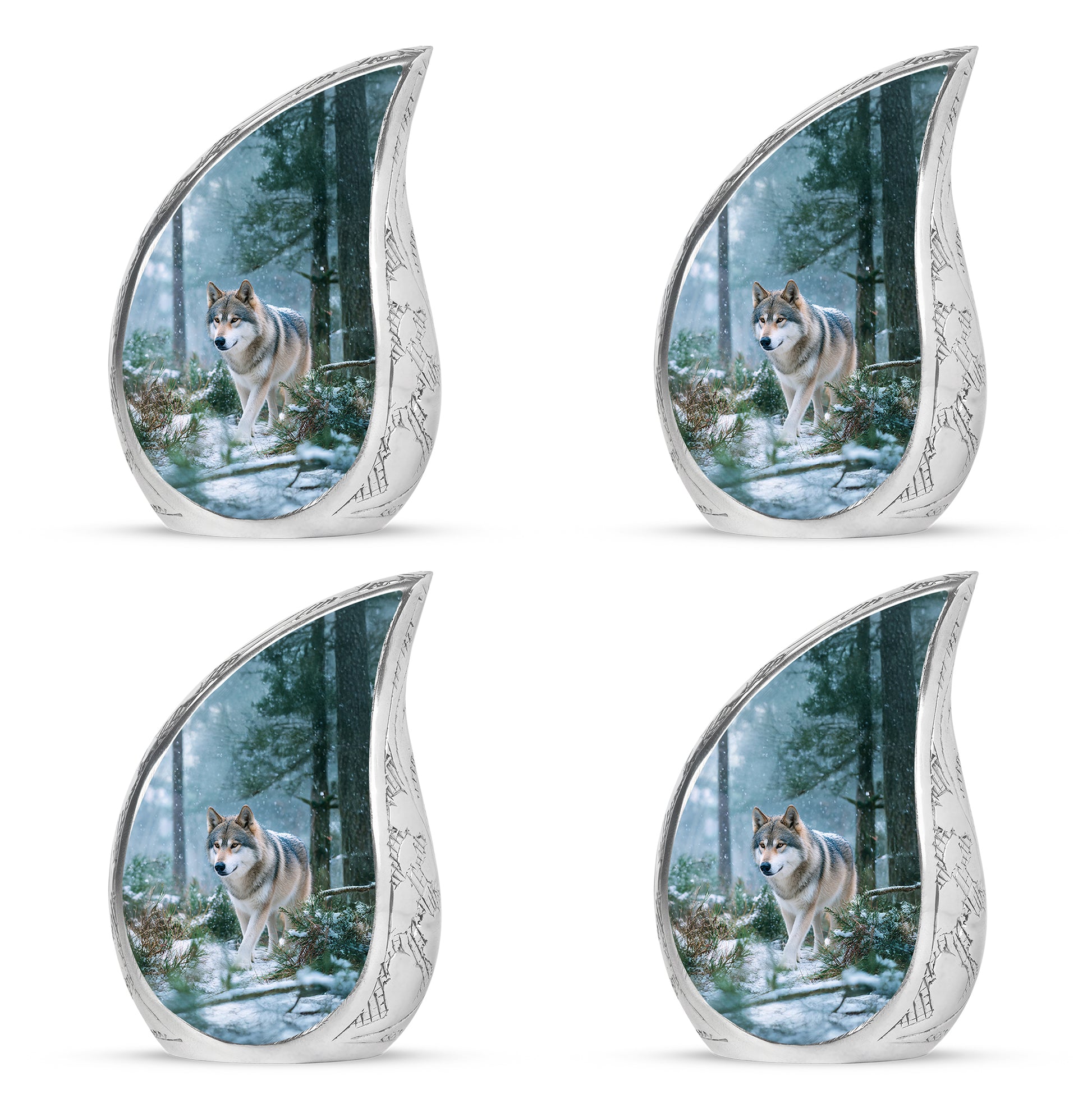 Powder Blue Dog Cremation Urn close-up of engraving and surface detail - rounded teardrop dog design with delicate detail - 10 inch aluminum urn for cremated remains