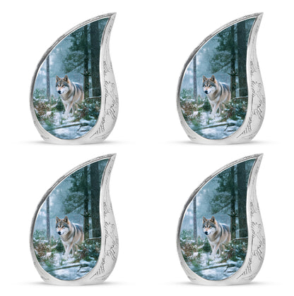 Powder Blue Dog Cremation Urn close-up of engraving and surface detail - rounded teardrop dog design with delicate detail - 10 inch aluminum urn for cremated remains