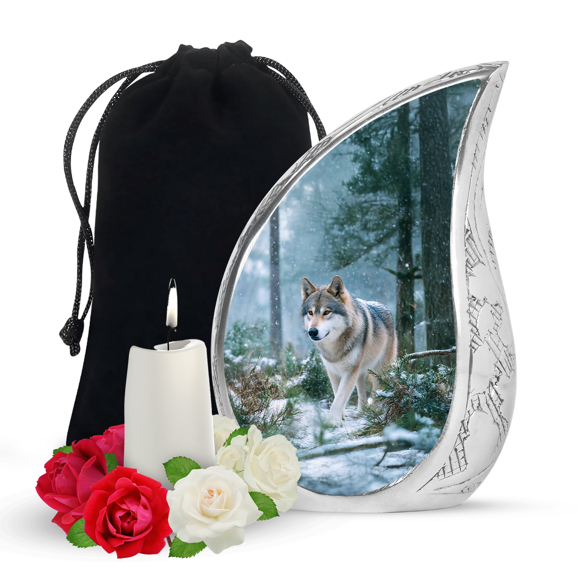 Soft Blue Dog Cremation Urn front view showing detailed design - smooth teardrop contour featuring dog art - full-size 10 inch 200 cubic inch adult cremation urn