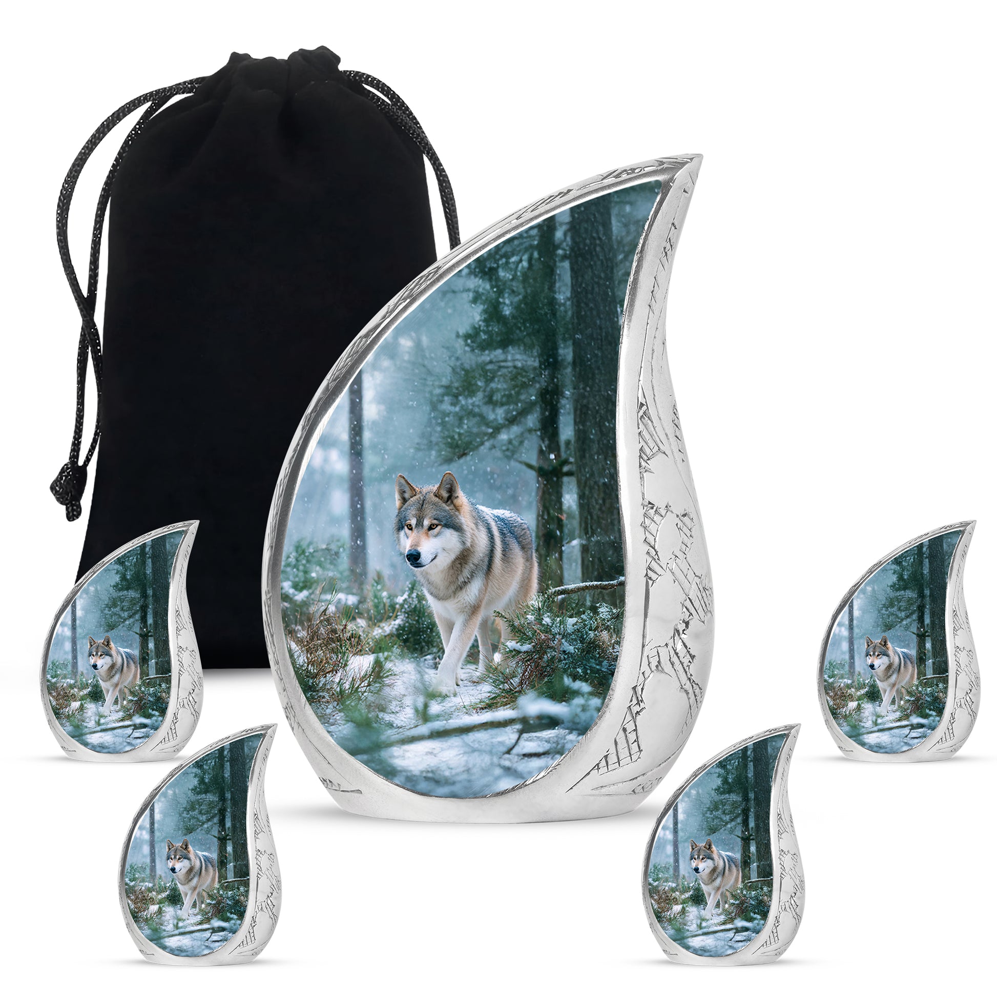 Navy Blue Dog Cremation Urn side profile showing urn shape - rounded teardrop dog design with delicate detail - memorial set with one large and four small urns
