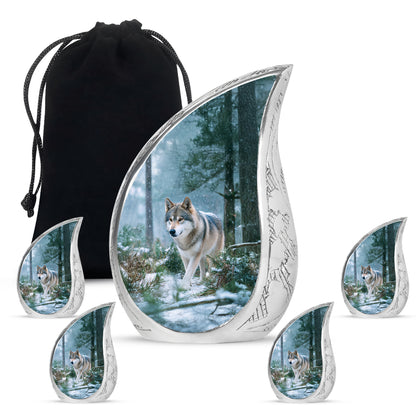 Navy Blue Dog Cremation Urn side profile showing urn shape - rounded teardrop dog design with delicate detail - memorial set with one large and four small urns
