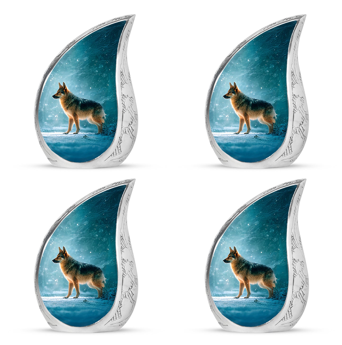 Ocean Teal Dog Cremation Urn close-up of engraving and surface detail - rounded teardrop dog design with delicate detail - 10 inch aluminum urn for cremated remains