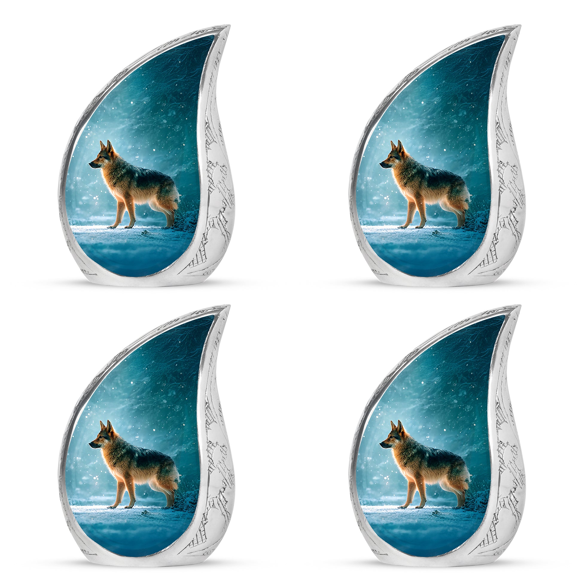 Ocean Teal Dog Cremation Urn close-up of engraving and surface detail - rounded teardrop dog design with delicate detail - 10 inch aluminum urn for cremated remains