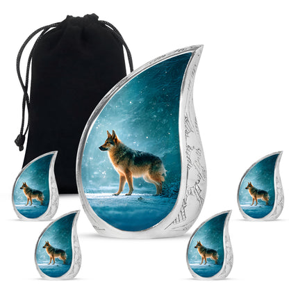 Cool Teal Dog Cremation Urn side profile showing urn shape - flowing teardrop dog silhouette on curved aluminum - memorial set with one large and four small urns